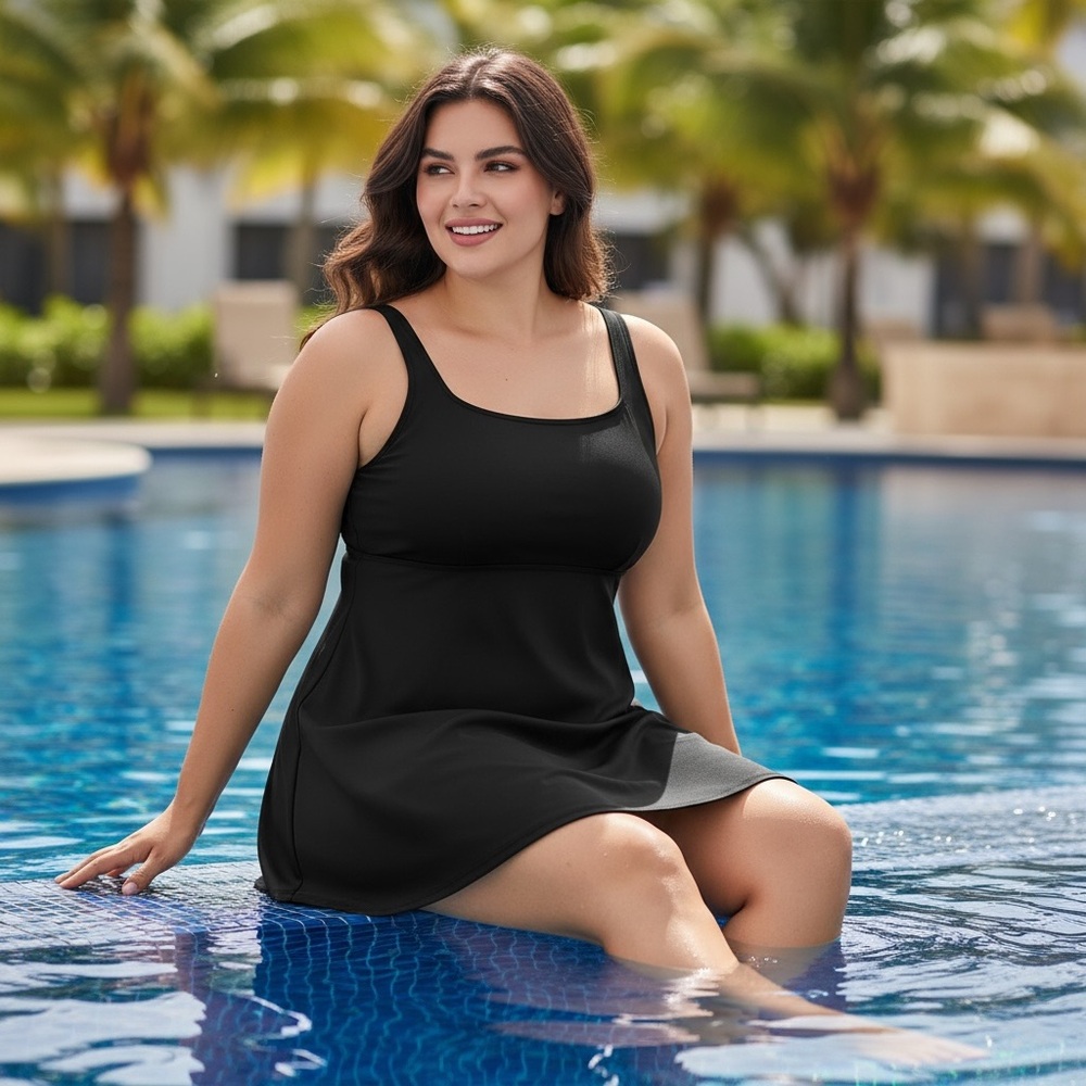 Lands End Black Square Neck Tummy Control Swim Dress One Piece with Shorts 26W